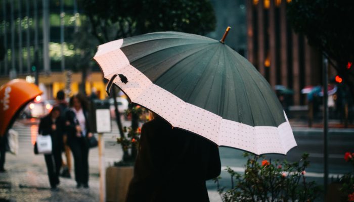 selective focus photography of woman walking on street while holding umbrella